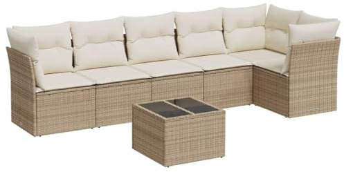 Qnhdfrt Set di mobili da giardino 7 pezzi, set lounge in rattan PE con vano portaoggetti, gruppo sedute per terrazza, tavolo con piano in vetro, beige, divano modulare incluso, cuscino incluso