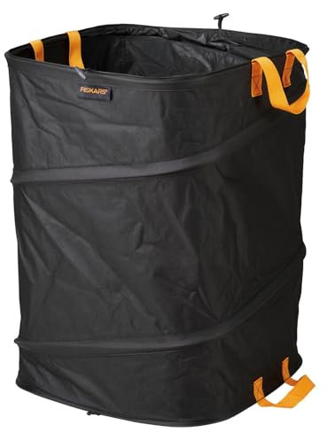 Fiskars Sacco da giardino PopUp con maniglie, Pieghevole per risparmiare spazio, Capacità: 175 L, Altezza: 70 cm, Larghezza: 50 cm, Nero/Arancione, Ergo, 1028372