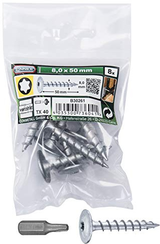 Connex Pfostenschrauben 8,0 x 50 mm - 8 Stück - TX-Antrieb - Vollgewinde - Zur Befestigung von Beschlägen & Verbindern - Inkl. Bit / Pfostenverbinder-Schraube / Schrauben-Set / B30261