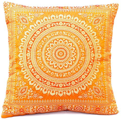 Ruwado Ocker Handgewebt und Handgefertigt Indische Banarasi Seide Dekokissen, Kissenüberzug, Kissenhülle, Kissenbezug, Zierkissenbezug - Mandala Muster 40 x 40 cm | 16 x 16 Zoll