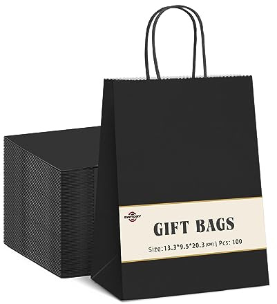 Switory 100pcs Black Gift Bags, Kraft Party Bags Shopping Paper Bag with Twisted Handles for Party Favor,Christian Festival,Thanksgiving Day, Christmas Day,5.25x3.75x8 Inch