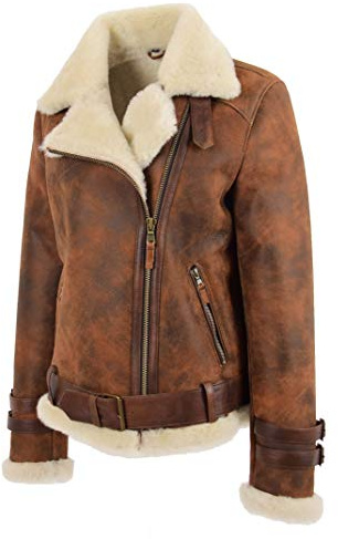 A1 FASHION GOODS Damen Echtes Schaffell Fliegende Jacke Antiquität Braun Shearling Fliegermantel Willow