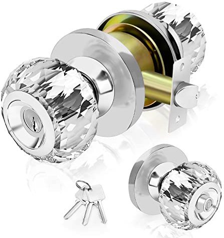 LOQRON Crystal Door Knobs with Lock and Keys, Glass Door Knobs with Privacy Lock, Luxurious Diamond Door Knob, Classic Interior Glass Door Knobs for Bedroom Bathroom Closet – Satin Nickel, 1 Pack
