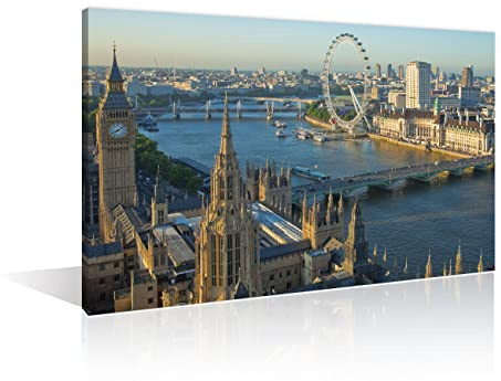 TISHIRON 1 Stück London England Skyline Wandkunst Themse Fluss Bilder für Schlafzimmer Leinwanddruck Poster Gemälde London Big Ben Wanddekoration für Wohnzimmer gerahmt fertig zum Aufhängen (30.5 cm B