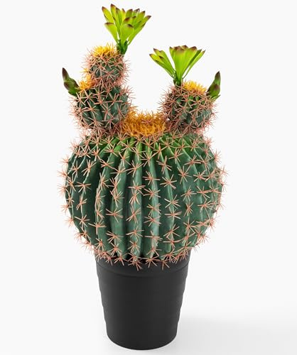 Cactus artificial rústico grande de 30 pulgadas en flor con espinas suaves, decoración de plantas que incluye una atractiva maceta negra mate a juego, hermosas plantas suculentas sintéticas para