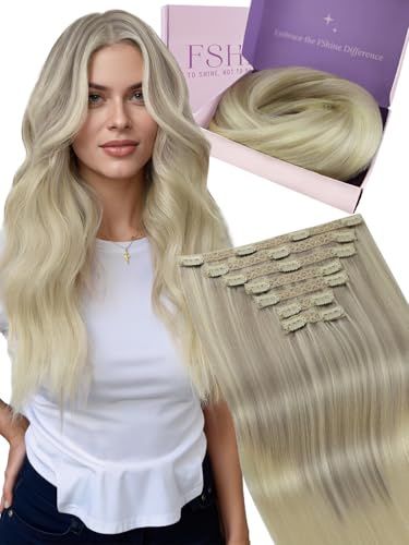 Fshine Clip in Extensions Echthaar Aschblond mit Dunkelblond 40cm 120g | Echthaar Extensions Clip, Schnell einsetzbar, ohne zusätzliche Werkzeuge, Anfängerfreundlich, natürliche Haarintegration