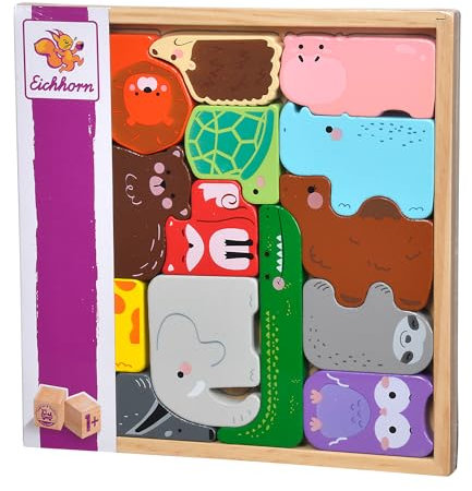 Eichhorn - Tierset in Holzbox, 14 Tiere zum zusammenlegen in Puzzleform, auch als Spielfiguren verwendbar, Förderung der Feinmotorik, in Aufbewahrungsbox, aus Kiefernholz, ab 1 Jahr