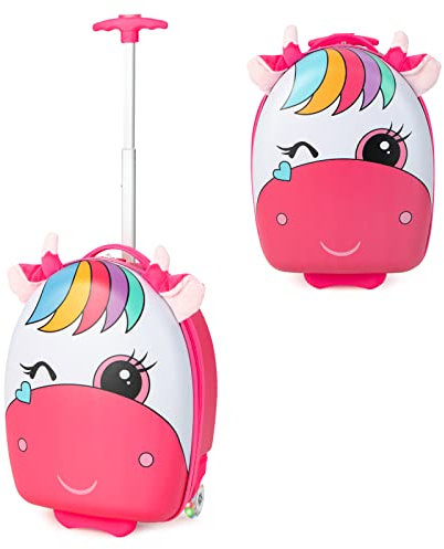 DREAMADE 16” Kinderkoffer, Kindergepäck mit Blinkenden Rollen, Handgepäck zum Reisen, Kindertrolley für Mädchen & Jungen, Hartschalenkoffer (Pferd, 16 Zoll)