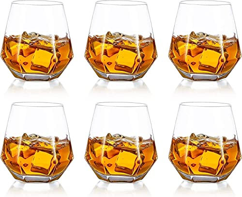 Vaso de whisky, juego de 6 vasos de whisky de diamante, vaso de jugo de agua, vaso escocés inclinado de 300 ml, cristalería para bourbon/ron/bar, regalo de cumpleaños, Navidad, aniversario, boda para