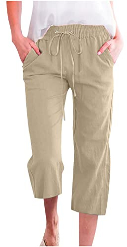oglccg Womens Capris Trousers 3/4 Pants Cotton Linen Elastic High Waist Cropped Pants Drawstring Summer Autumn Solid Color Pockets Loose Pants Straight Wide Leg Trousers Outdoor Plus Size 8-18
