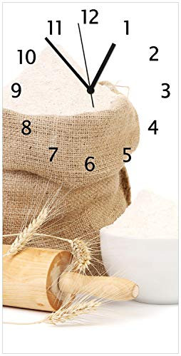 Wallario Design-Wanduhr Backen-Ensemble mit Nudelholz, Mehl-Sack, Ähren und Zucker aus Glas, Motiv-Uhr Größe 30 x 60 cm, Schwarze Zeiger