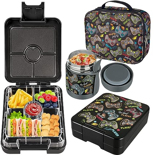 Bento Lunch Box Set for Kids with 10oz Soup Thermo, Leak-Proof Lunch Containers with 4 Compartment, Kids Thermo Hot Food Jar and Insulated Lunch Bag for Kid to School,BPA-Free(Black-Game Console)