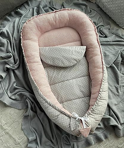 Waffelpique ROSA/Mini PUNKTE Grau Bio-Baumwolle Babynest Neugeborene Baby Unterlage Reisebett Nestchen SOLO/o. PREMIUM Ausstattung SETS (Nestchen + MATRATZE (Ersatzboden))