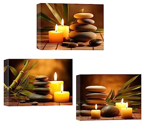 CCWACPP Zen Leinwand Wanddrucke 3 teiliges Bild mit brennenden Kerzen und Zen Steinen für Yoga Spa Meditation spirituelle Raumdekoration Badezimmer 30x40 cm x 3