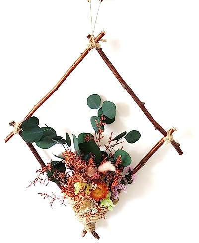 DongArts Barre en bois de fleurs séchées de la nature artisanale, couronne carrée de 30,5 cm, décoration murale, hortensias préservés, haleine de bébé, décoration pour maison, hôtel, café (feuilles