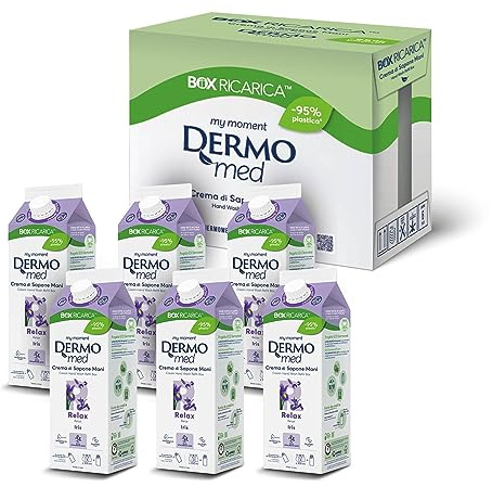 Dermomed, Eco-Nachfüllpackung Flüssigseife Relax. Weiche und samtige Haut. Enthält Hyaluronsäure und Glycerin mit weichmachenden, feuchtigkeitsspendenden und reparierenden Fähigkeiten der Dermis. 6