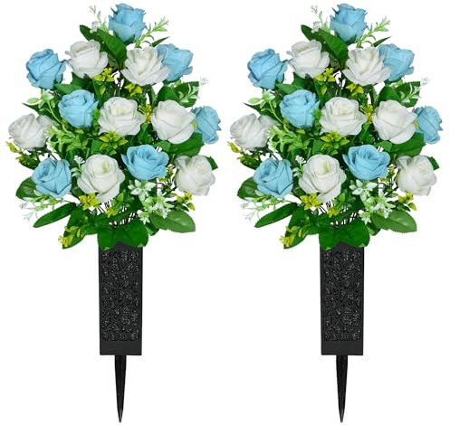 SIFOEL Artificial Cemetery Flowers with Vase, Artificial Rose Bouquet Grave Memorial Flowers for Cemetery Headstones Decoration (Light Blue&White)