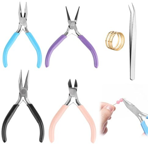 VFANDV Set di pinze per gioielli, 11,4 cm, 4 pezzi con becco ad ago, punta rotonda, tronchese laterale, apri anelli aperti e pinzette per la creazione e la riparazione di gioielli