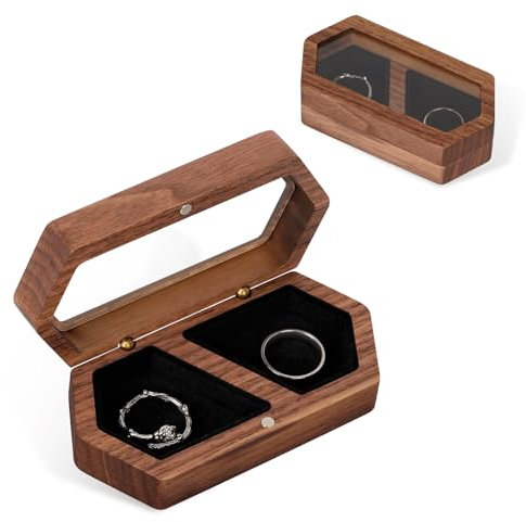 Walnuss Holz Ring Box, Schwarz Ringbox Hochzeit Ringschatulle für 2 Ring, Ringschachtel Holz Doppelringbox Samt Schmuckbox Ringkästchen für Verlobung Heiratsantrag Jubiläen