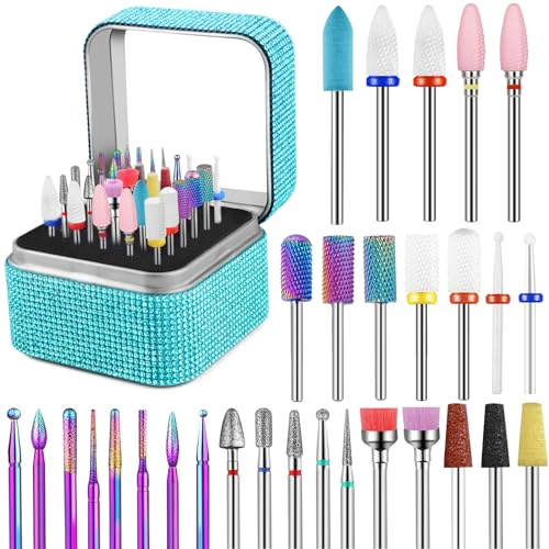 30 teiliges Nagelfräser-Bits Set für Nagelbohrmaschinen, Tungsten Keramik Diamant Fräser-Aufsätze Bits für Nagelfräser mit Nagelbohrer-Halter, Professionell für Maniküre, Pediküre, Gel Acrylnägel