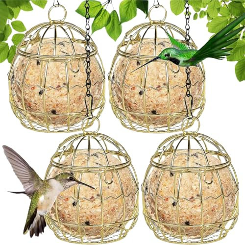 Vogelfutterspender, Talgball-Futterspender zum Aufhängen im Freien, Metall, hängende Vogelfutterstation mit Haken, Meisenknödel, Vogelfutterstation für Wildvögel, Outdoor, Garten (Gold, 4 Stück)
