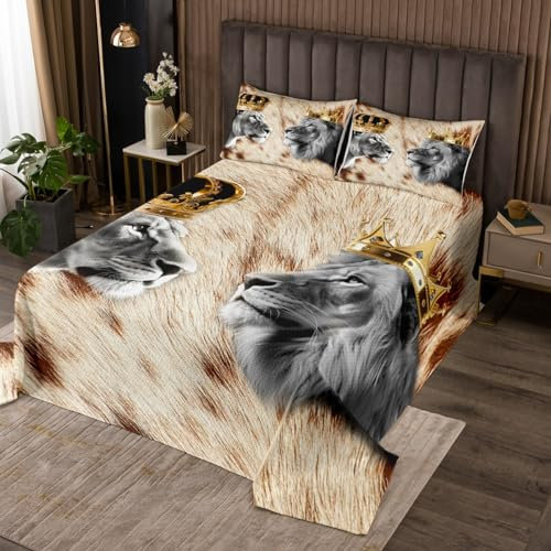 feelingyou 3D Löwen Paar Coverlet Set M Größe, Golden L und M Krone Durable Bettdecke für Mädchen Teens, Kuhfell Print Afrikanische Tier Soft Quilt Set, mit 2 Kissenbezügen
