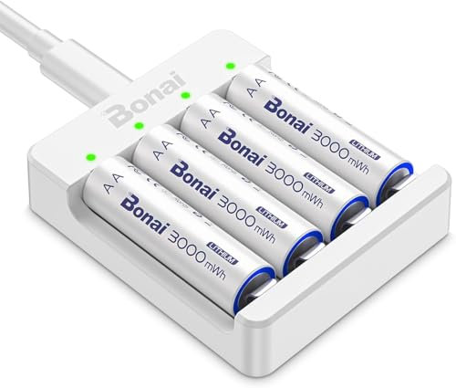 BONAI Batterie AA Ricaricabili al Litio 1.5V 3000mWh - Alta Capacità, 1000 Cicli di Ricarica, Caricabatterie USB-C Incluso (4 Pezzi) con Protezione Intelligente