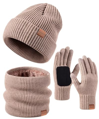 FISFET Mens Womens Hat Scarf Gloves Set, Knit Lined Warm Winter Touch Screen Gloves Beanie Hat Neck Warmer Snood for Cold Weather, Fashion 3 in 1 Winter Warm Gift Set