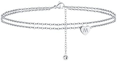 TINGN Herz Fußkettchen für Damen, 14K Weißgold Vergoldet Layered Silber mit Buchstaben - Sommer Strand Mode Fußschmuck für Frauen und Mädchen Geschenke