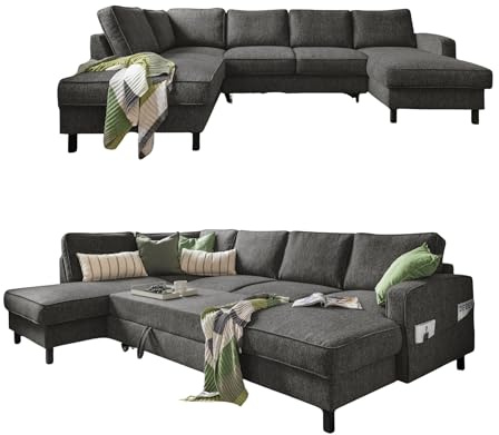 MIUFORM Molly U mit Bettkasten | limitierter Polsterstoff | 8 Sitzer Ecksofa | L-Form Links | 298 x 198 x 88cm Couch | Klappsofa mit Schlaffunktion | Schlafsofa klappbar (Dunkelgrau)