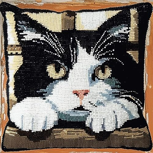 kitphoenix Knüpfkissen Set zum Selber Knüpfen,DIY Knüpfteppich,Knüpfhaken Set 43 X43 Cm,Modern,Tier,Katze,Erwachsene oder Kinder,nicht zusammenklappbar
