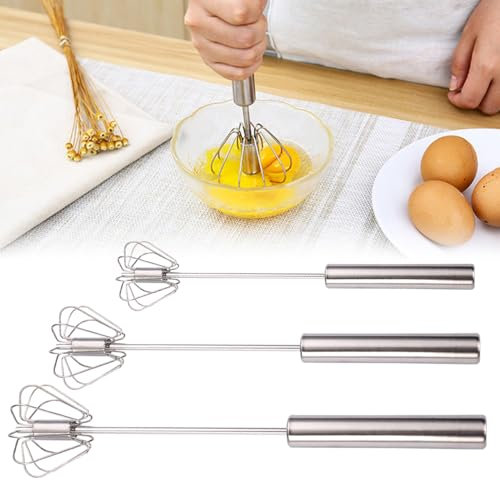 Stainless Steel Semi-Automatic Whisk, Schneebesen Edelstahl, Halbautomatischer Schneebesen aus Edelstahl, Drehbarer Push Mixer Rührer zum Schneebesen, Schlagen, Rühren (3pcs, 10+12+14)