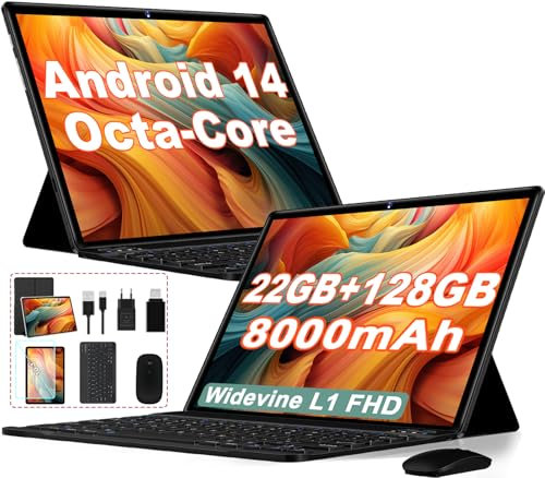 2025 Tablet 10 pollici Android 14, 22GB RAM 128GB ROM/TF 1TB, Processore Octa-Core, 8000mAh, Corpo in Metallo, Face ID, Doppio WiFi, 8MP+5MP, Widevine L1, Protezione Occhi, Tastiera, Mouse, Black