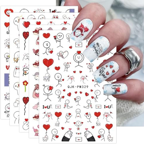 JMEOWIO Nagelsticker Valentinstag 8 Blatt Nail Art Sticker Selbstklebend Nagelaufkleber Herz Dekoration Nageldesign Zubehör