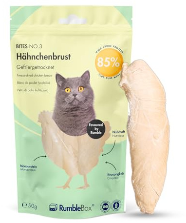 RumbleBox Gefriergetrocknete Hähnchenbrust im ganzen Stück – 100 % Monoprotein Katzensnack ohne Getreide & Zucker, naturbelassen & artgerecht (50 g)
