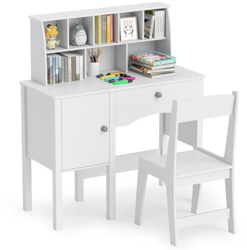 Costzon Kids Desk and Chair Set, Wooden Children Study Desk w/Hutch, Large Cabinet and Drawer for Home School Writing, Reading & Drawing, Computer Workstation Student Table and Chair for 3+ (White)