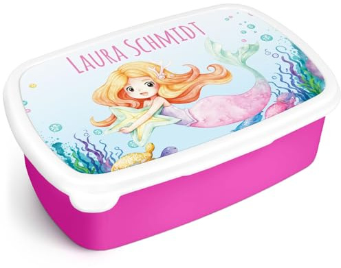 GRAVURZEILE Bedruckte Lunchbox - Meerjungfrau - Personalisiert mit Namen - Brotdose für Kinder - Individuell mit Wunschmotiv - Platzsparend stapelbar - Perfekt für Schule & Kita - Farbe: Pink