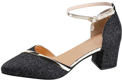 Petit talon à talons hauts pour femme | Chaussures à talons pailletées dorées réglables à lacets Chaussures en cuir ajourées Escarpins pointus Chaussures pour femme Été Mariage Loisirs, Noir , 35 EU
