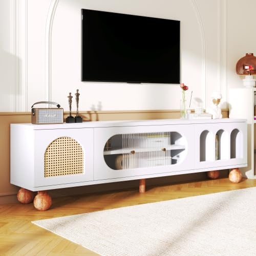 Générique Table TV, Meuble TV Elégant, Table de Télévision, Portes Coulissantes en Verre, Zones Voûtées Ouvertes, Pieds Bois Massif, Blanc, 170x37x47cm