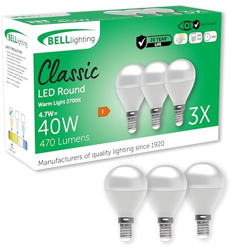 BELL Lighting E14 SES Dimmable LED Golf Ball Bulbs Warm White 4.7W 3 Pack | Dimmable E14 SES LED golf ball bulbs with 2700K warm white light, 470lm brightness and 40W equivalent output for lamps.
