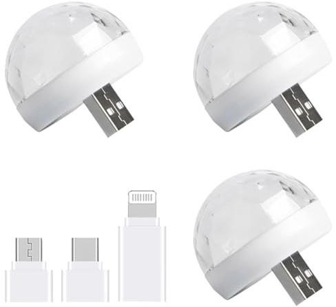 WUSJCOF 3 Stück USB Mini Disco Ball Licht, DJ Ball USB Party Blitzlicht mit 3 Adapter, 4W Sound Aktivierte Discokugel für Alle Partys und Autoinnendekoration