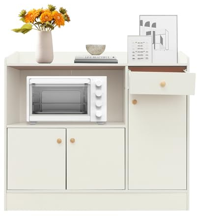 Wiyuer Küchenschrank Sideboard Küche mit Arbeitsplatte Buffetschrank mit 1 Schubladen 3 Tür Landhausstil Aufbewahrungsschrank für Küche Esszimmer Wohnzimmer (Warmweiß)