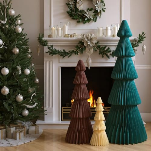Fullhawl Árbol de Papel de Navidad Grande de 3 pies, 2 pies y 1 pie, árboles de Navidad de Panal, árbol de Navidad 3D, árbol Plegable con imán para decoración de Navidad, Fiesta