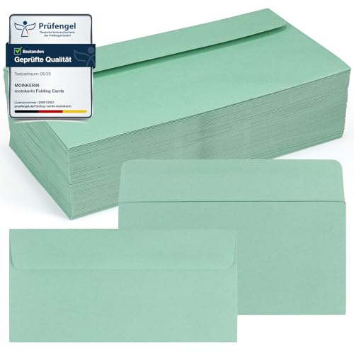 moinkerin 100 Stück Briefumschläge DIN Lang 220x110mm | Grün Umschläge ohne Fenster | 120 g/m² Kraftpapier Kuverts mit Nassklebung | Perfekt für Hochzeit, Einladungen, Geburtstag & Weihnachtskarten