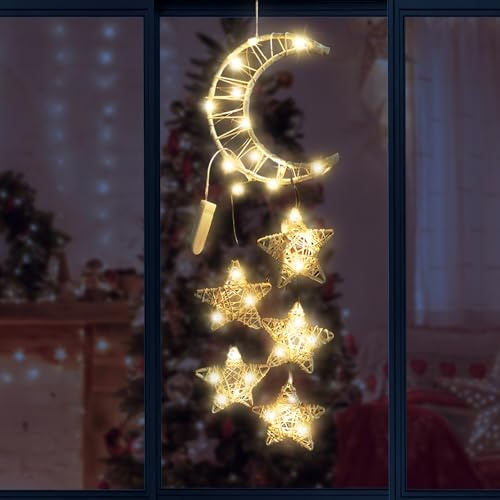 Mond Sterne Lichterkette,Weihnachtsdeko Lichterkette Rattan Mond Sterne Weihnachtsanhänger LEDSterne Weihnachtsbeleuchtung Fenster Weihnachten Beleuchtet Fensterdeko LED Lichte für Ramadan Eid Deko