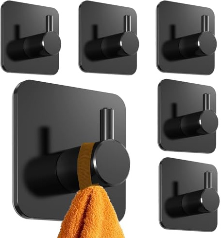 LIULINY 6 Pezzi Ganci Adesivi Bagno, Appendini Adesivi, Gancio Adesivo Realizzato in Acciaio Inox, Porta Asciugamani da Parete Appendi Accappatoio, Contenere Fino 10kg, per Cucina Bagno (Nero)