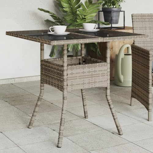 HaoChrymec Gartentisch mit Glasplatte Grau, PE-Rattan, Pulverbeschichteter Stahl, Loungetisch Outdoor, Beistelltisch Garten, Wetterfest, 80 x 80 x 75 cm