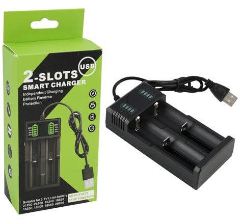Caricabatterie 3.7V per 18650, 18350, 14500, 16340, 17500, 17670, 18500, 21700, 26650 Li-Ion, caricabatterie con 2 slot, cavo USB, caricabatterie per batteria Li-Ion, caricabatterie per batteria 18650