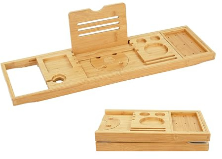 Relaxdays Support de Baignoire, Bambou, Extensible de 70 à 105 cm, Pliable, Porte-Verre et Support de Livre, Naturel