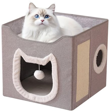 Djowyh Cueva para gatos – Casa plegable para mascotas como , 2 capas, gran escondite, con tabla rascador y pelota, para gatos domésticos, invierno, mascotas interiores y exteriores
